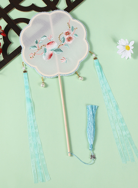 红花蜜桃仙团扇长柄飘带儿童扇子