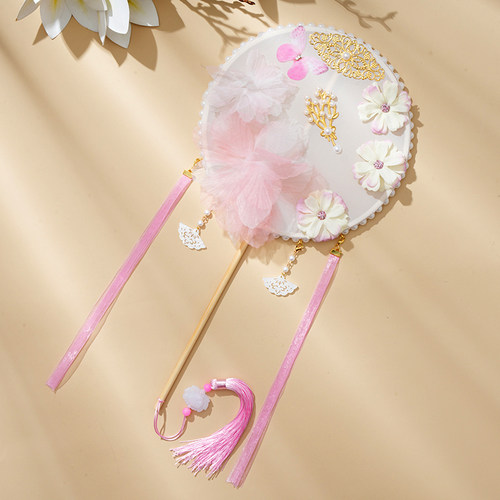 古风长柄汉服绢花花朵圆扇