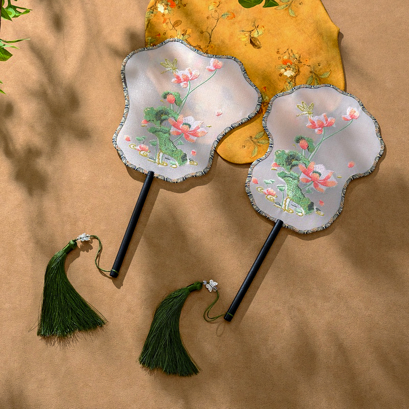 夏日荷花異形刺繡團扇繡花扇