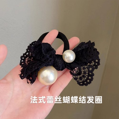 轻奢法式珍珠蕾丝蝴蝶结发圈皮筋