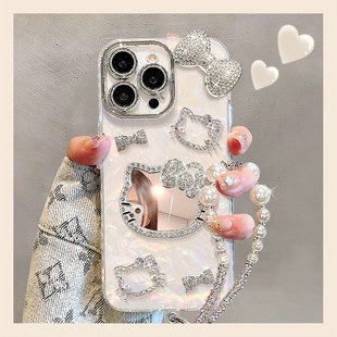 猫咪补妆镜子适用苹果16promax手机壳新款高级感贝壳纹外壳iphone17Pro带手链女款15Plus全包14P防摔13保护套