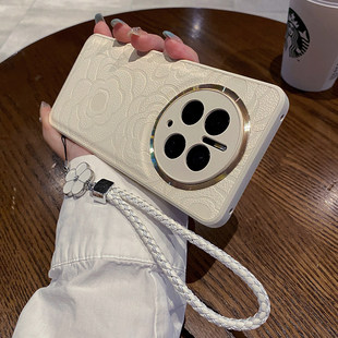 适用华为mate80pro手机壳mate70e新款 m60皮质山茶花立体浮雕mate50pro金属全包镜头防摔mate80简约女花朵挂绳