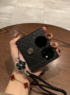 黑菱格线纹山茶花手绳华为pocket2手机壳Pura X高档皮质Magicvflip2新款折叠屏zflip7个性女宝盒findn3flip潮