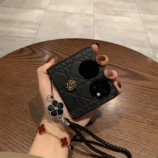 黑菱格线纹山茶花手绳华为pocket2手机壳Pura X高档皮质Magicvflip2新款折叠屏zflip7个性女宝盒findn3flip潮