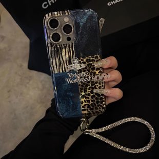 拼接豹纹适用iphone16promax手机壳2026新款高端苹果16Pro女款带满钻手链12高级感小众15防摔14Por保护套13PM