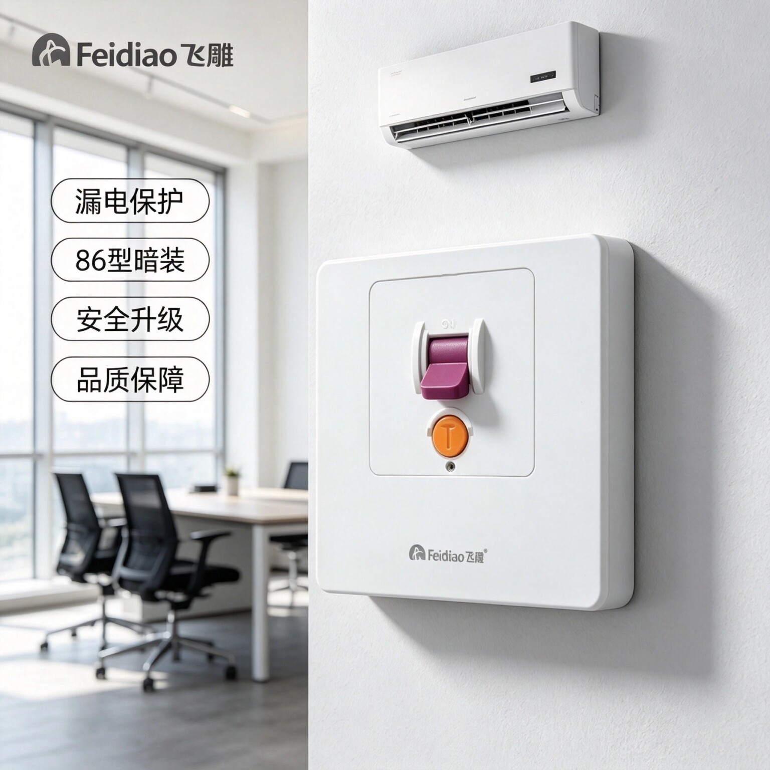 飞雕漏电保护空调柜机专用40A大功率暗装86型防触电PC材质