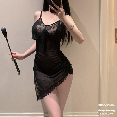 禁忌游戏*性感紫色露背透视缕空吊带睡裙诱惑绑带蝴蝶结睡衣qqny