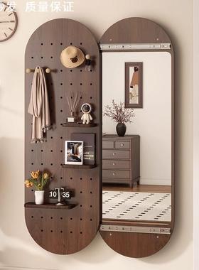 木质洞洞板胡桃色可推拉式化妆全身镜子贴墙玄关隐藏式可关闭玄关