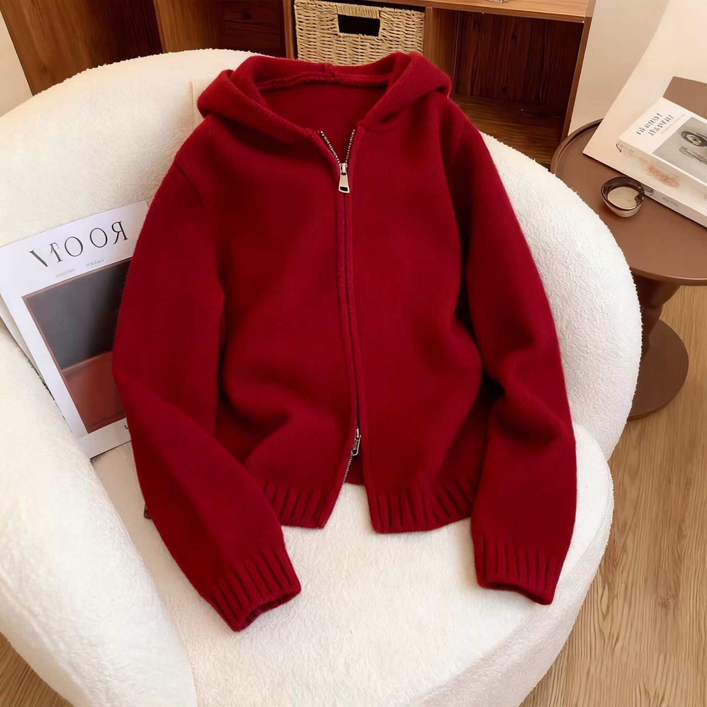 慵懒风秋冬连帽卫衣女新年穿搭上衣加厚毛衣外套宽松外穿针织开衫