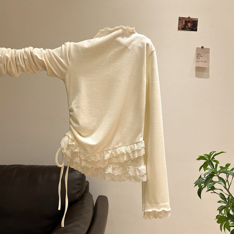 甜美气质蕾丝木耳花边半高领长袖T恤女秋冬加绒保暖内搭立领上衣