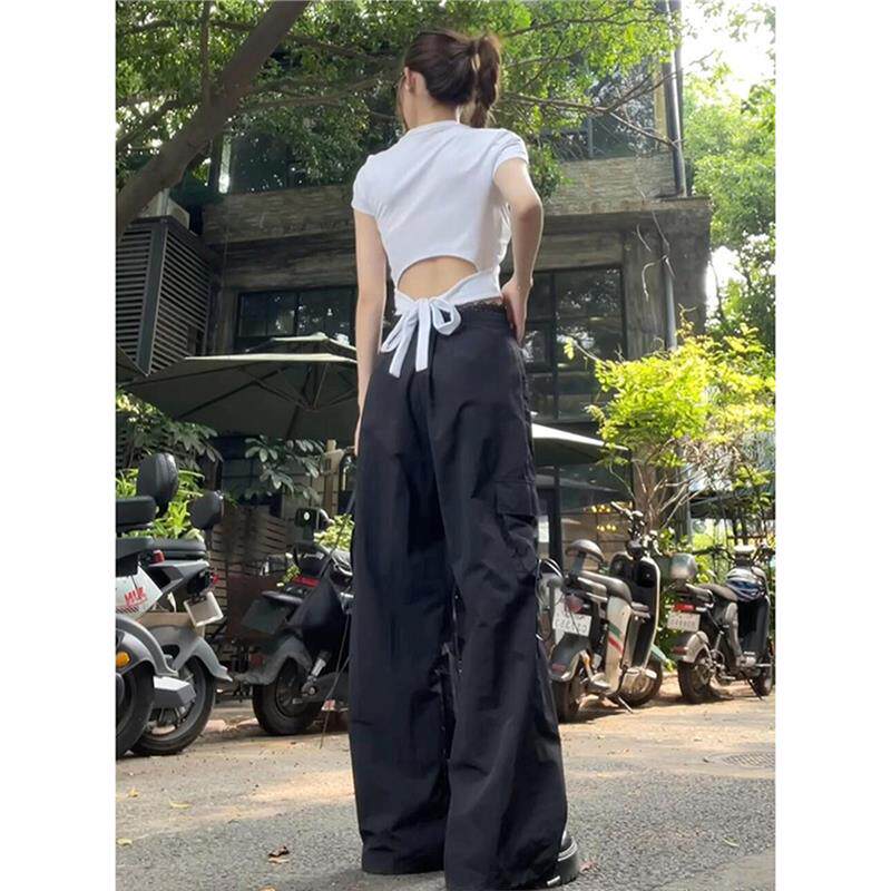 后背镂空绑带短袖t恤女夏季设计感露背白色正肩高腰露脐短款上衣