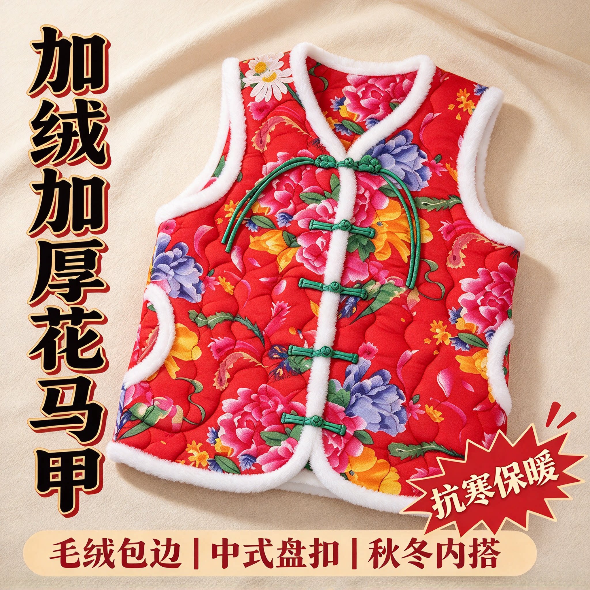 东北花马甲加绒加厚毛领盘扣马夹