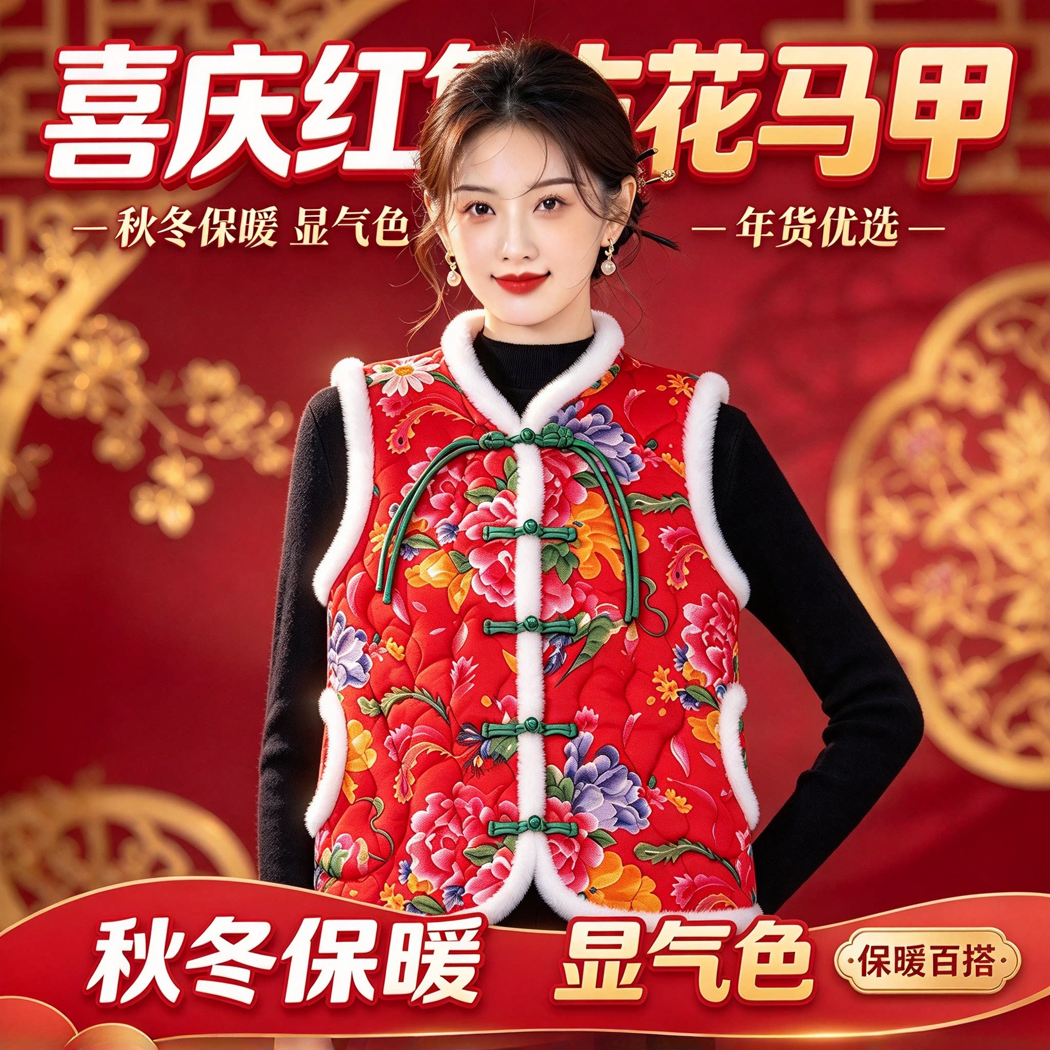 东北花马甲加绒加厚毛领盘扣马夹