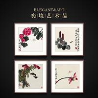 奕境 新中式客廳裝飾畫三聯(lián)玄關(guān)壁畫餐廳掛畫國(guó)畫 齊白石花開富貴