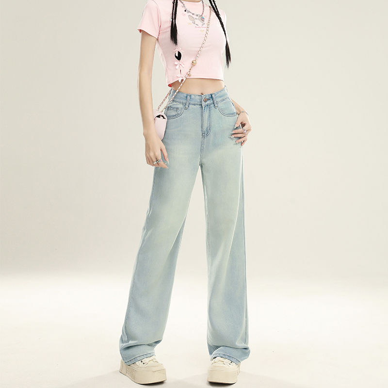 艾格浅色天丝阔腿牛仔裤女2025夏季薄款小个子高腰垂感宽松直筒裤