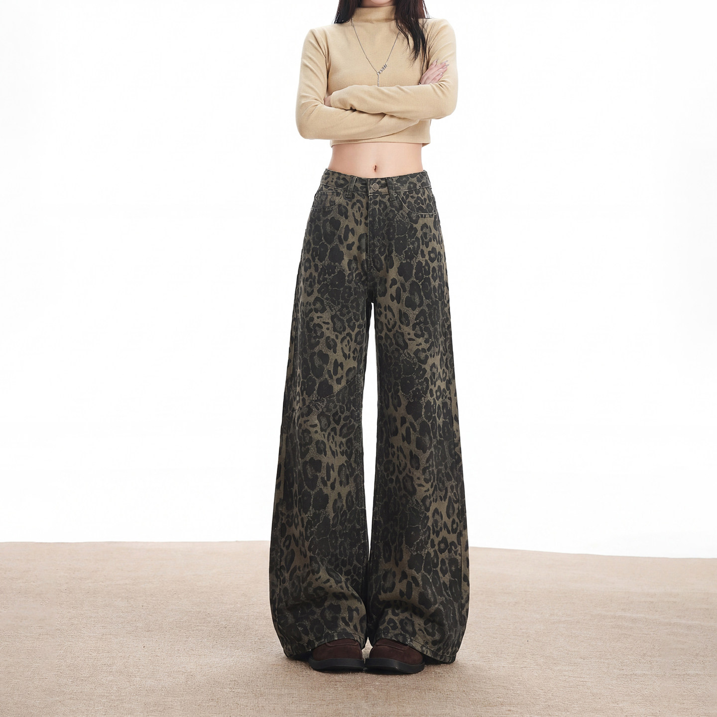 美式潮流绿豹纹阔腿牛仔裤女宽松垂感直筒裤拖地款休闲裤2026春季,女装/女士精品,牛仔裤,淘宝优惠券,粉丝福利购,淘宝优惠卷