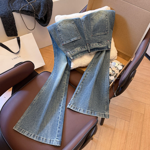 春秋季辣妹低腰微喇牛仔裤女显瘦
