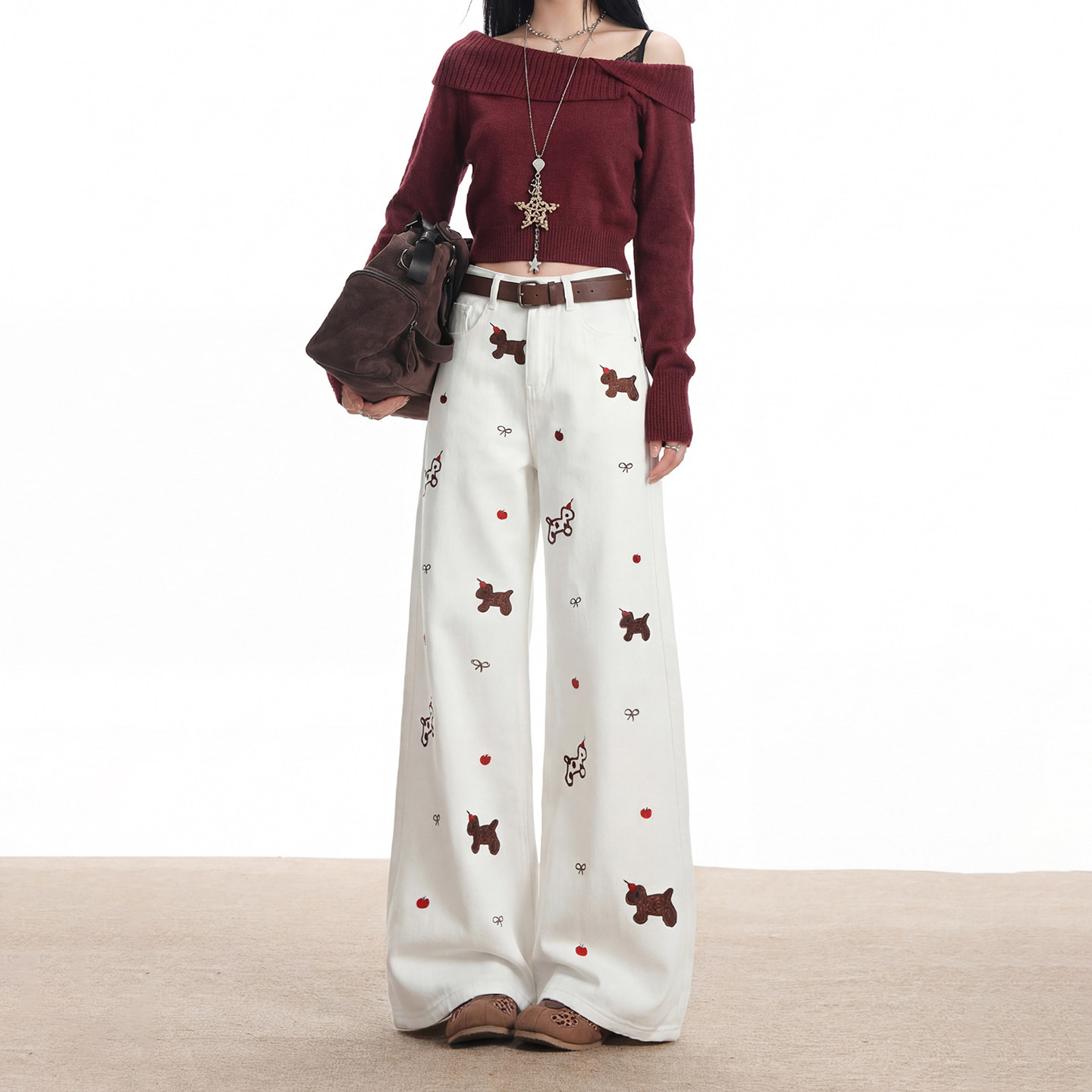 2026新款复古小狗刺绣阔腿牛仔裤女高腰宽松显瘦百搭长裤休闲裤,女装/女士精品,牛仔裤,淘宝优惠券,粉丝福利购,淘宝优惠卷