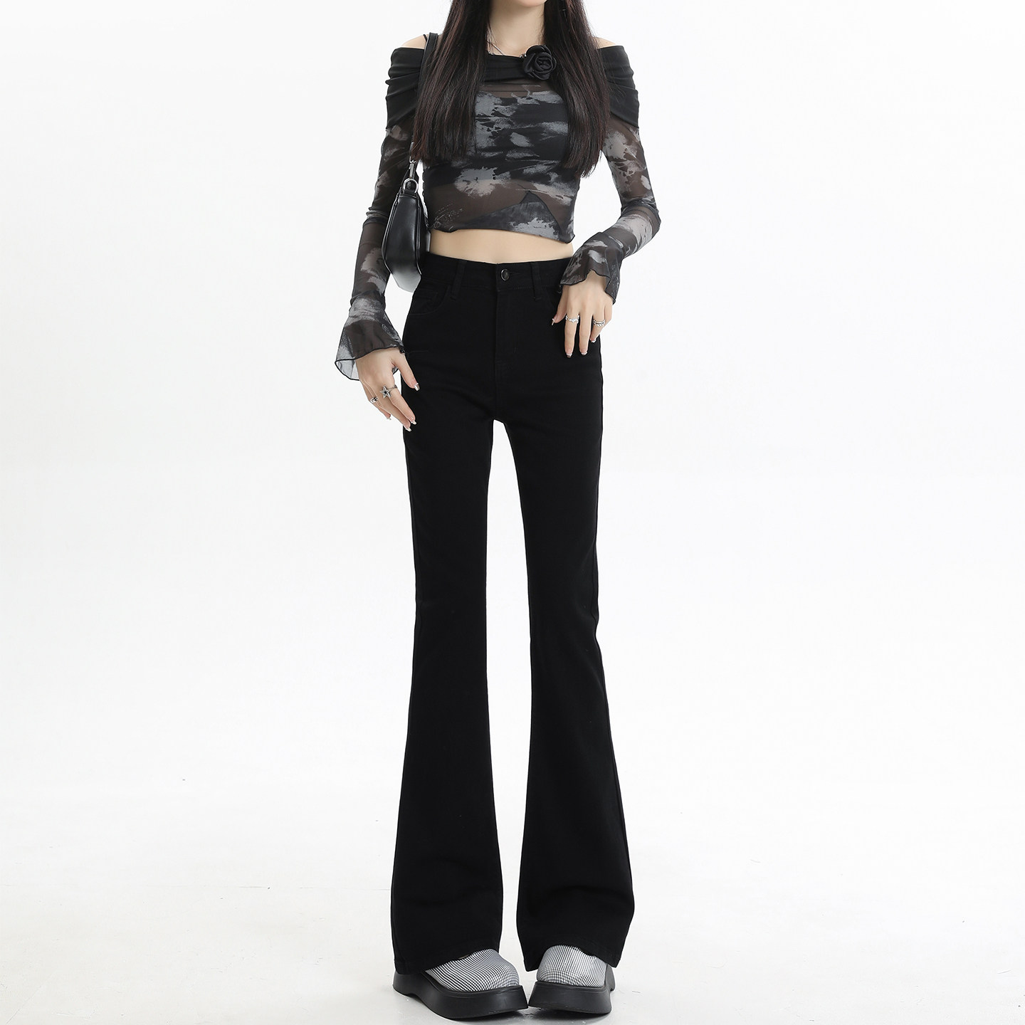 黑色微喇牛仔裤女2026春季新款高腰修身显瘦紧身弹力拖地喇叭裤子,女装/女士精品,牛仔裤,淘宝优惠券,粉丝福利购,淘宝优惠卷