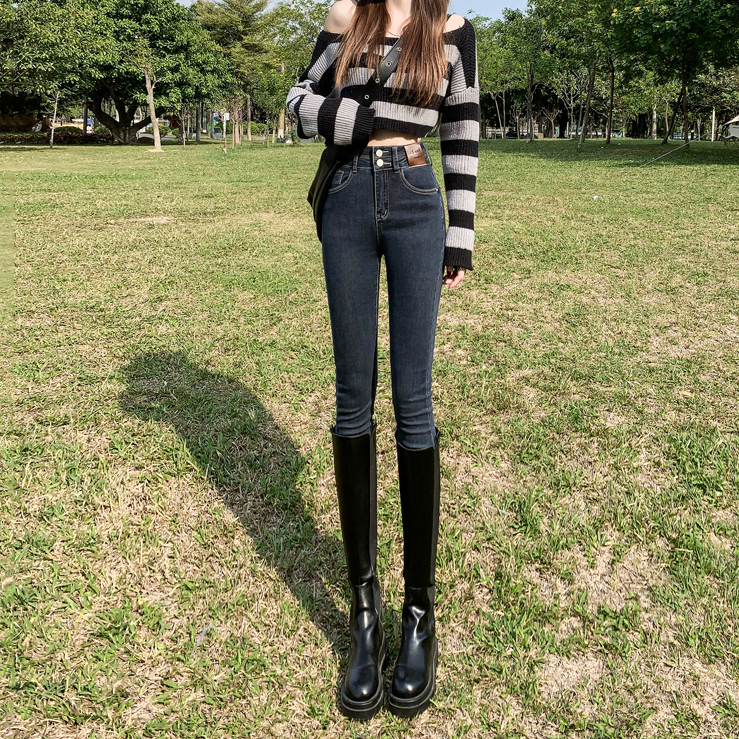 复古高腰蓝灰色紧身牛仔裤铅笔裤