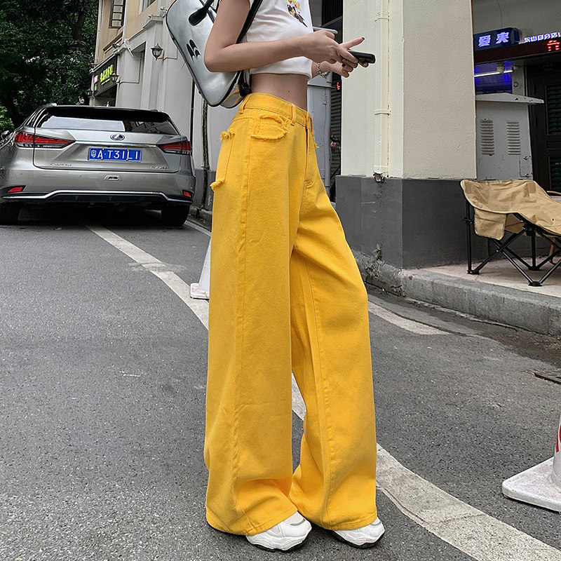 黄色高腰休闲牛仔裤女2025秋季新款宽松垂感显瘦拖地阔腿长裤,女装/女士精品,牛仔裤,淘宝优惠券,粉丝福利购,淘宝优惠卷