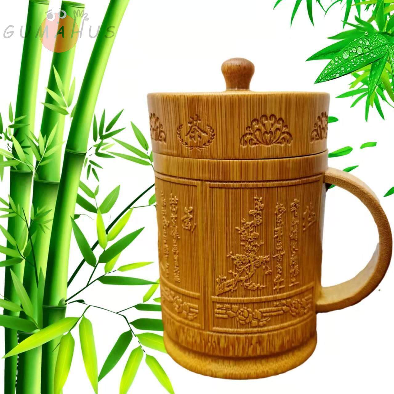带盖子竹杯子喝水竹杯子茶杯竹制创意复古茶道杯随行杯竹盖杯手柄