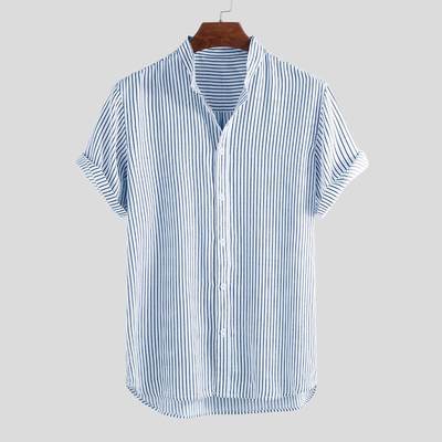 4XL Men Striped short-sleeved stand collar plus size shirt