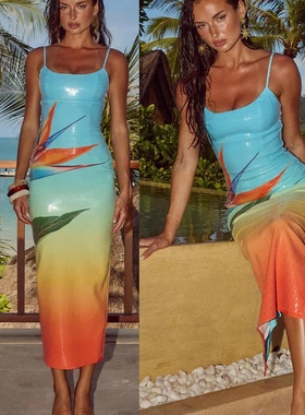 Spring and Autumn Halter Sequins Printed Dresses Casual Part