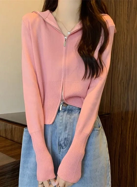 Early Spring Autumn Double Zip Hooded Long Sleeve Knit Cardi