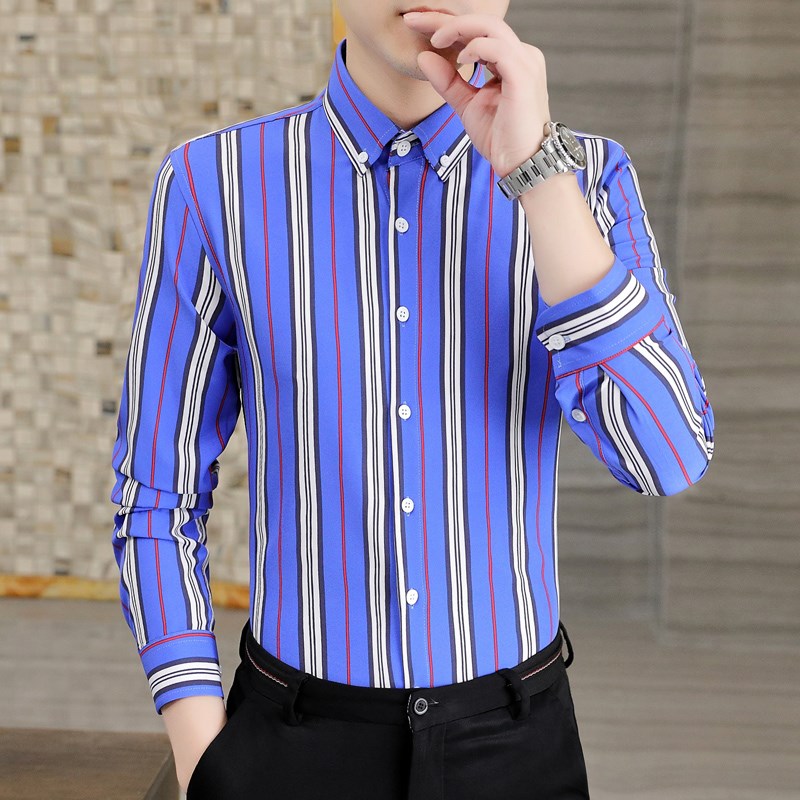 长袖衬衫细条纹商务休闲薄款男士春秋天韩版修身流行帅气内搭衬衣