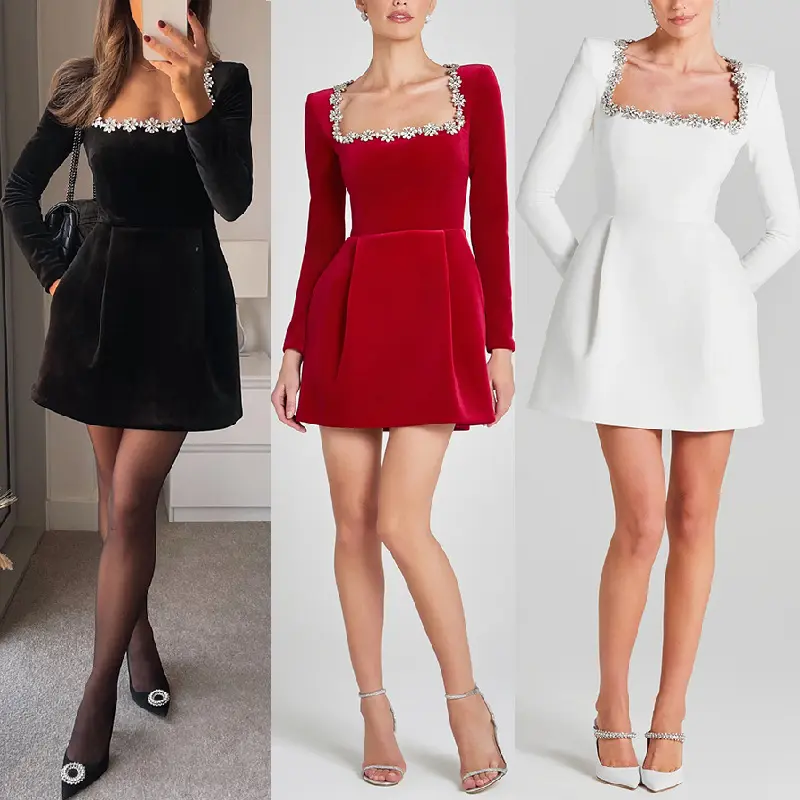Spring square neck diamond short velvet dress - 实物图