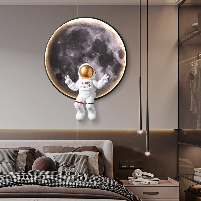 速发儿童房卧饰画月球灯形圆画装室床头挂画创意立体太空人实物画