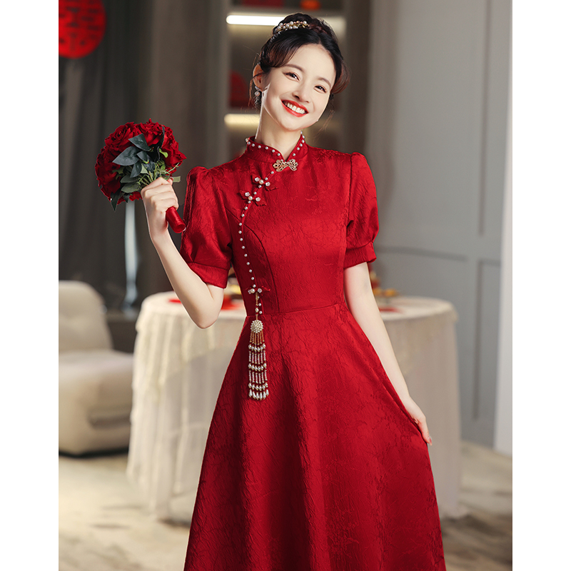 速发红色旗袍敬酒服新连2025衣款中式订婚礼服裙回门便装娘新裙结