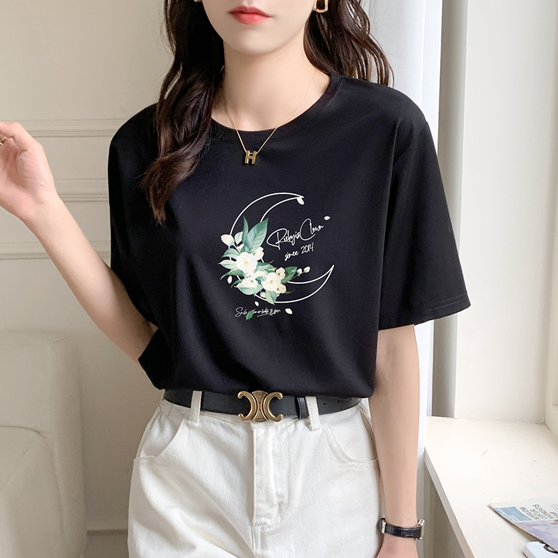 速发致码装黑色百搭圆领t恤夏计高级感独特别大设季宽松上衣