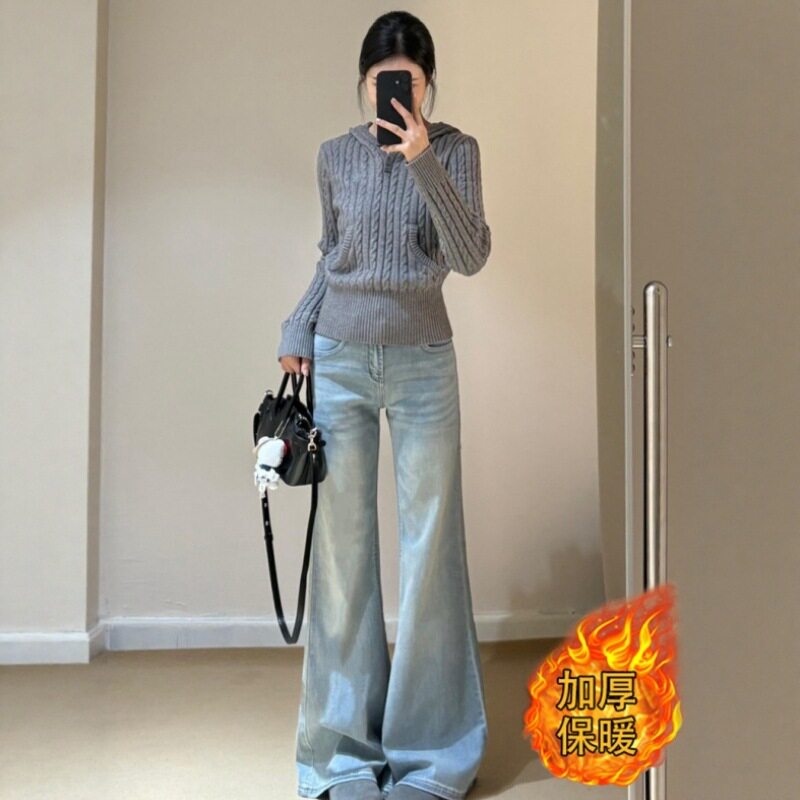 小个子浅色微喇叭牛仔裤女秋冬季加绒加厚潮牌显瘦不贴腿拖地裤子