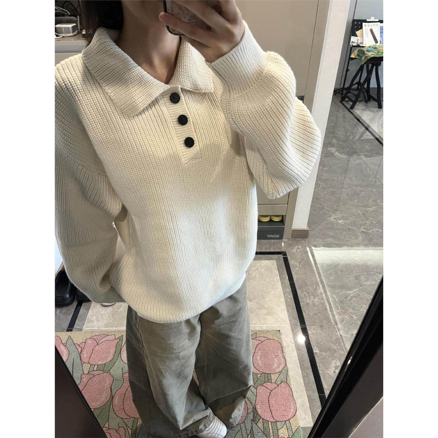 美式复古polo翻领米白色