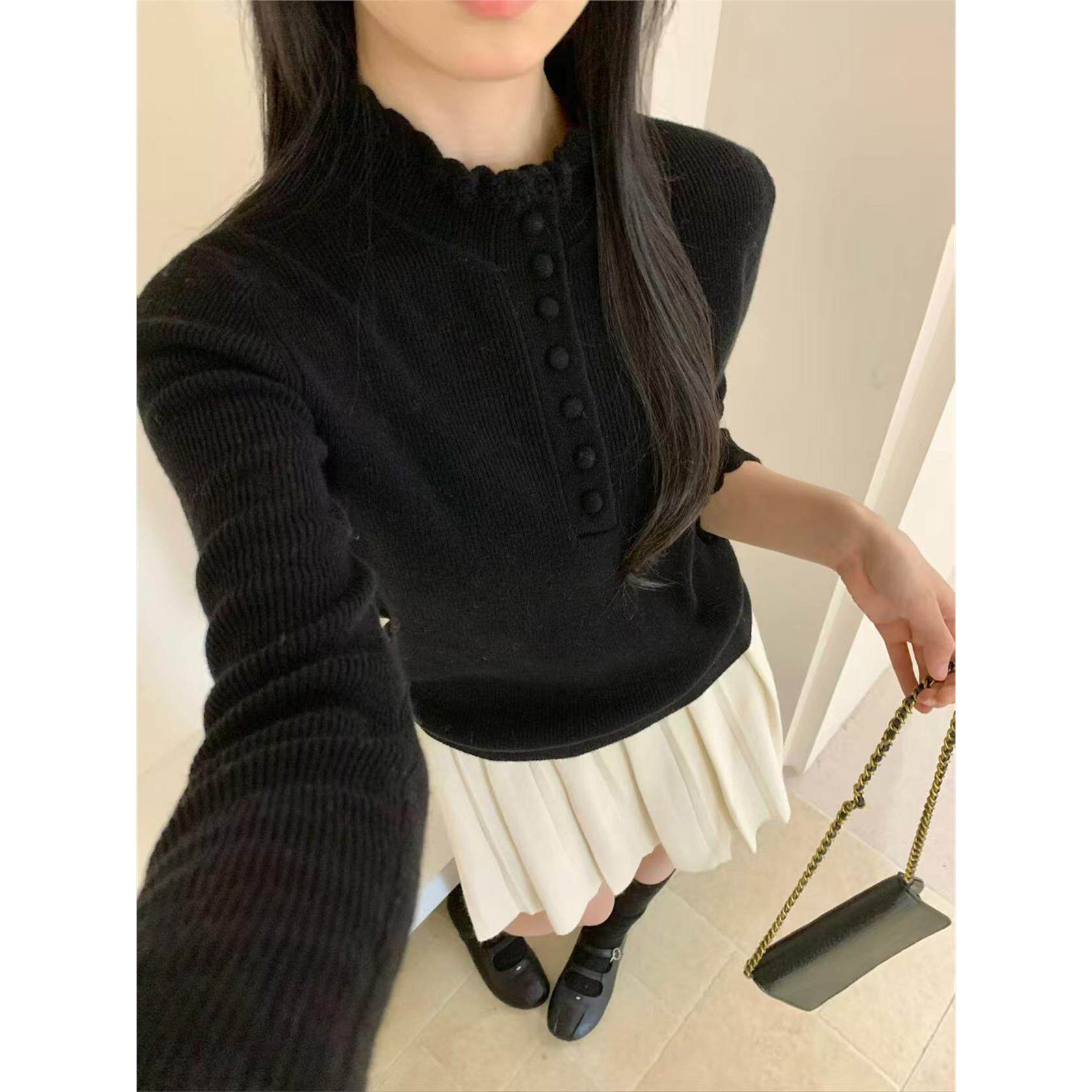 灰色蕾丝立领套头针织衫