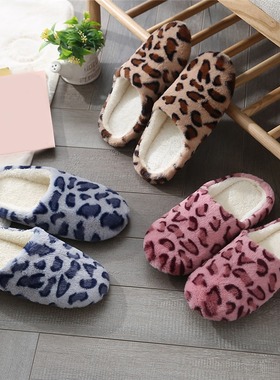 Rabbit fur leopard print indoor silent soft soled slippers f