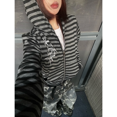 y2k条纹显瘦连帽卫衣开衫外套女
