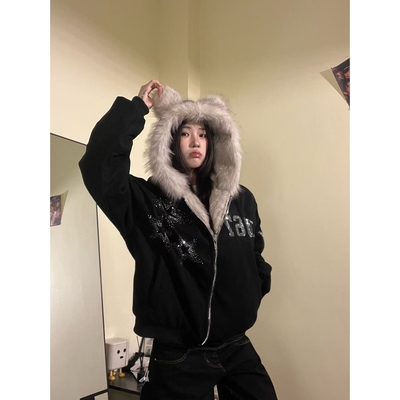 15GET星星烫钻毛领连帽棉服外套