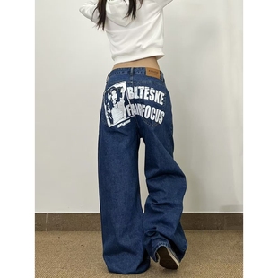 小众裤 15GET 宽松直筒休闲长裤 复古水洗印花牛仔裤 子男女 美式
