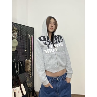 15GET 美式潮牌字母印花短款开衫连帽卫衣辣妹风修身显瘦上衣女