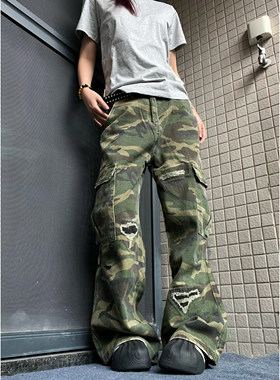 15GET 美式复古水洗做旧迷彩割破vibe直筒多口袋工装裤微喇男女潮