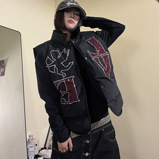 15GET 爆闪烫钻LOVE坎肩立领马甲叠穿保暖百搭棉服上衣男女潮 美式