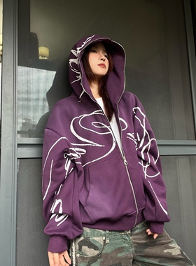 15GET 原创亚文化y2k暗黑斑驳印花连帽卫衣开衫情侣外套宽松百搭