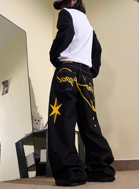 15GET 美式街头趣味印花黑色牛仔裤直筒阔腿休闲宽松拖地长裤男女