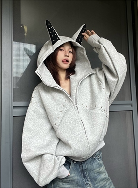 15GET 创意趣味杜宾耳铆钉设计拼接连帽卫衣情侣宽松百搭上衣秋冬