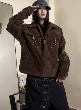 15GET 美式麂皮绒铆钉撞色boxy短宽白鸭羽绒服巴恩风保暖夹克外套