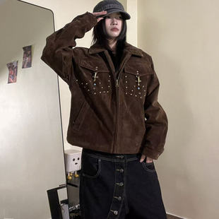 15GET 麂皮绒铆钉撞色boxy短宽白鸭羽绒服巴恩风保暖夹克外套 美式