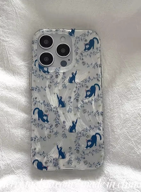 ins风高级碎花蓝色猫咪适用于真我gt大师探索手机壳realme11/gtneo5创意neo3全包v30/GT7pro女v23/10pro羽纱